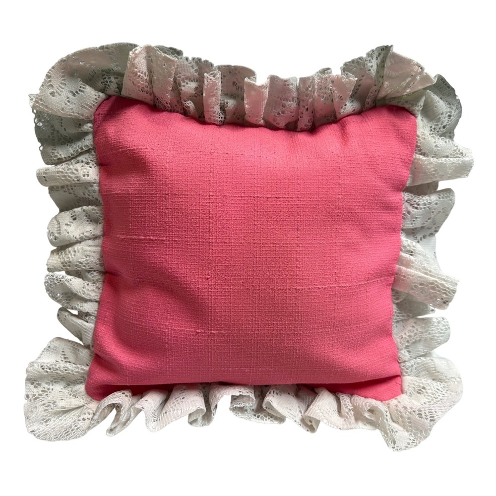 Vintage Pink Textured Throw Pillow White Lace Ruffle Trim Cottagecore Decor